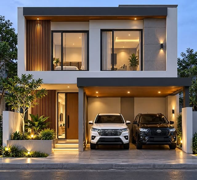 Rumah modern dua lantai GRIYA KITA dengan pencahayaan hangat saat senja