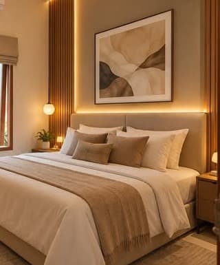 Kamar tidur dengan panel kayu vertikal, lampu gantung kecil, dan karya seni di atas tempat tidur