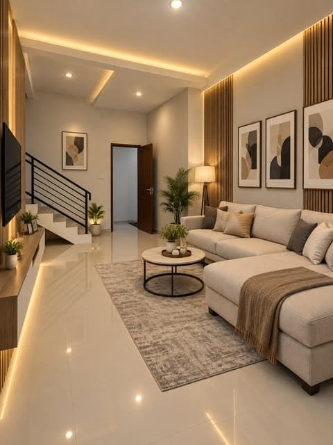 Ruang keluarga dengan sofa sectional krem, meja kopi bulat, dan pencahayaan plafon tersembunyi