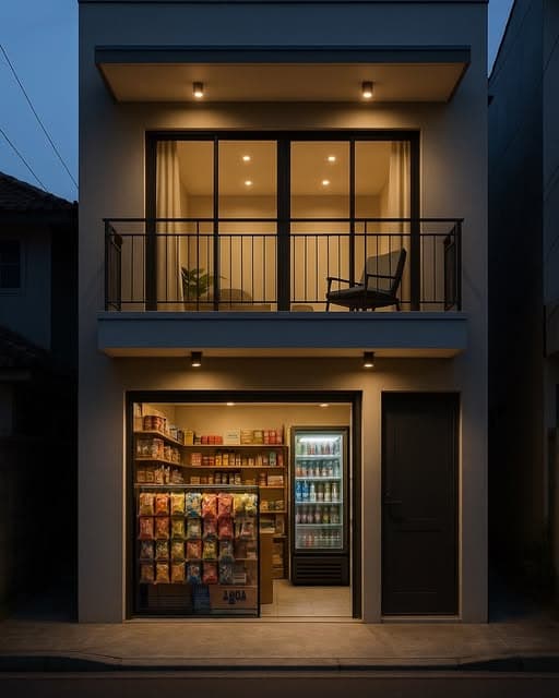 Bangunan ruko dua lantai dengan minimarket di lantai dasar dan balkon hunian di lantai atas pada malam hari